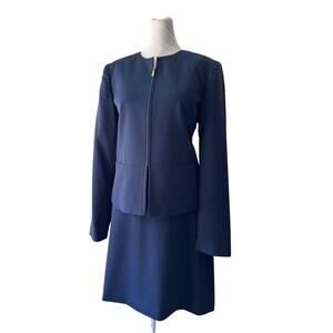 Vintage Y2K Requirements Petite Navy Blue Full Zip Jacket & Skirt Suit